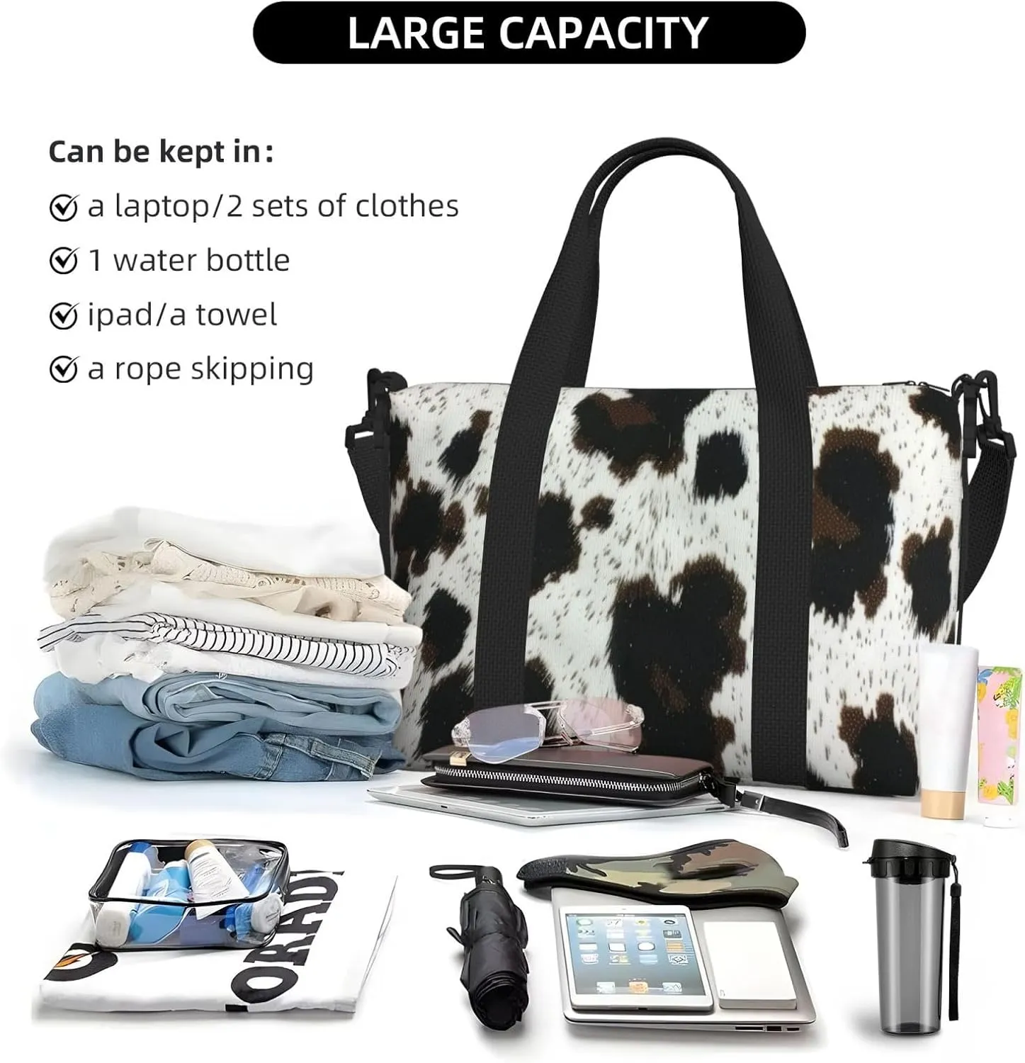 black cow print Travel Duffel Bag, Sports Tote Gym Bag, Swim Pool Bag Large Shoulder Tote Bag for Beach Weekender, 202-406-121