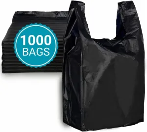 Black Heavy Duty T-Shirt Bags (1000 Count) – (11.5" x 6.5" x 22") – Reusable Grocery, Retail, Takeout, Shopping Carryout Bags