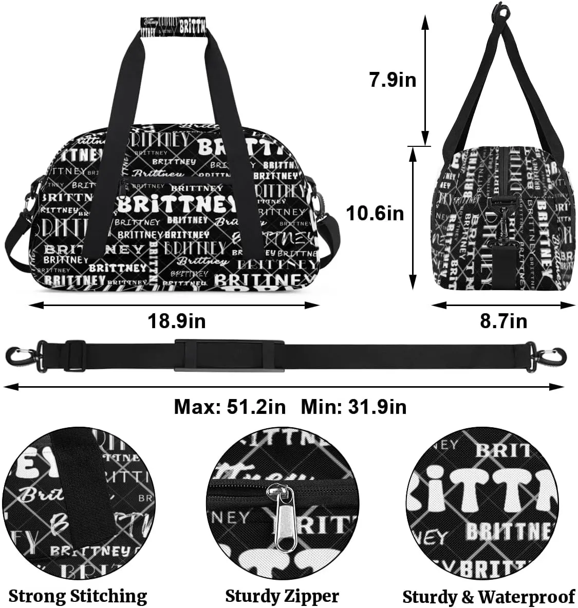 Black Personalized Duffle Bag for Kids Custom Dance Ballet Bag with Name Lightweight Travel Weekender Overnight Bags Sport Gym Duffel Bag Workout Carry On Tote for Girls Boys