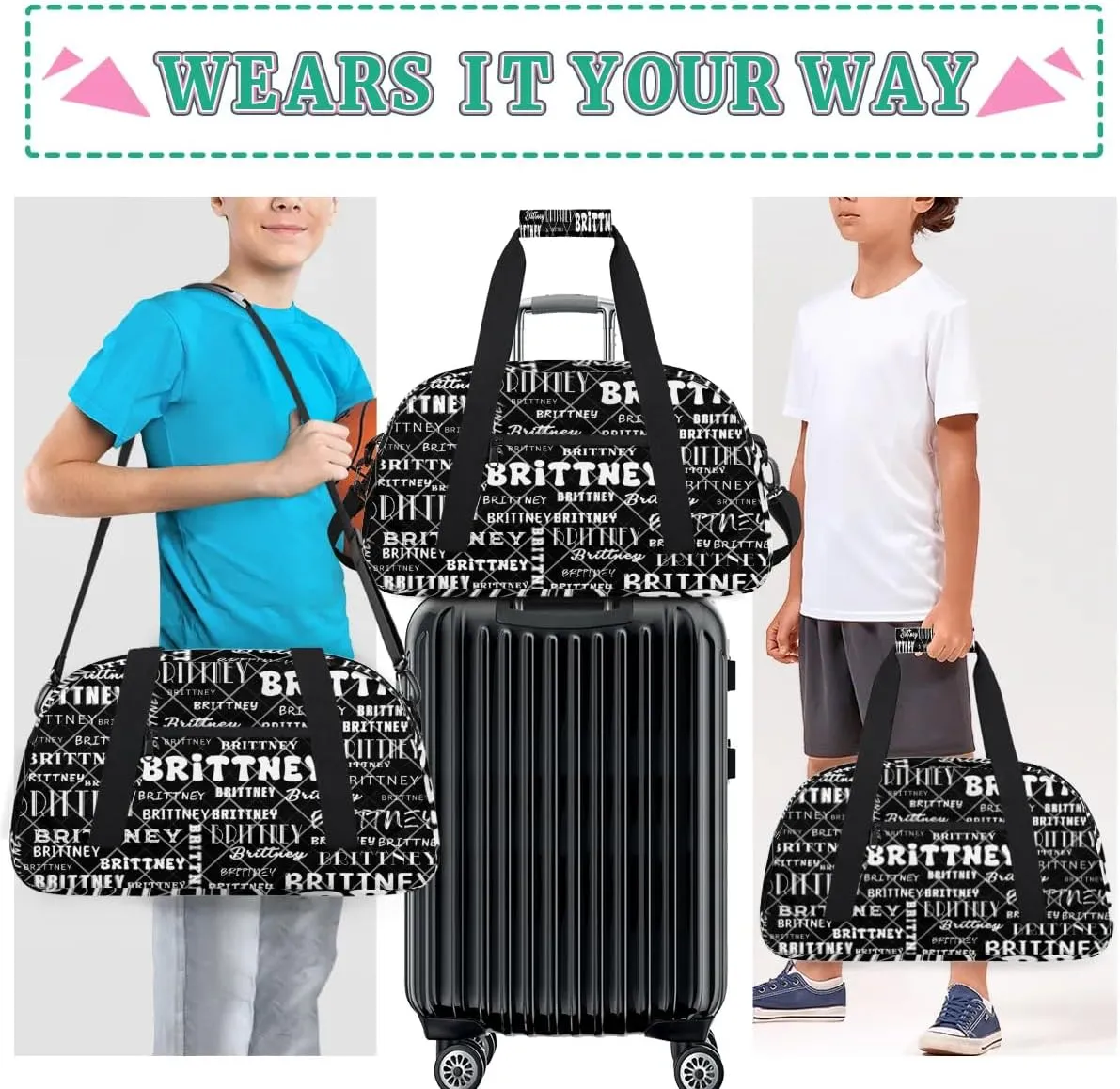 Black Personalized Duffle Bag for Kids Custom Dance Ballet Bag with Name Lightweight Travel Weekender Overnight Bags Sport Gym Duffel Bag Workout Carry On Tote for Girls Boys