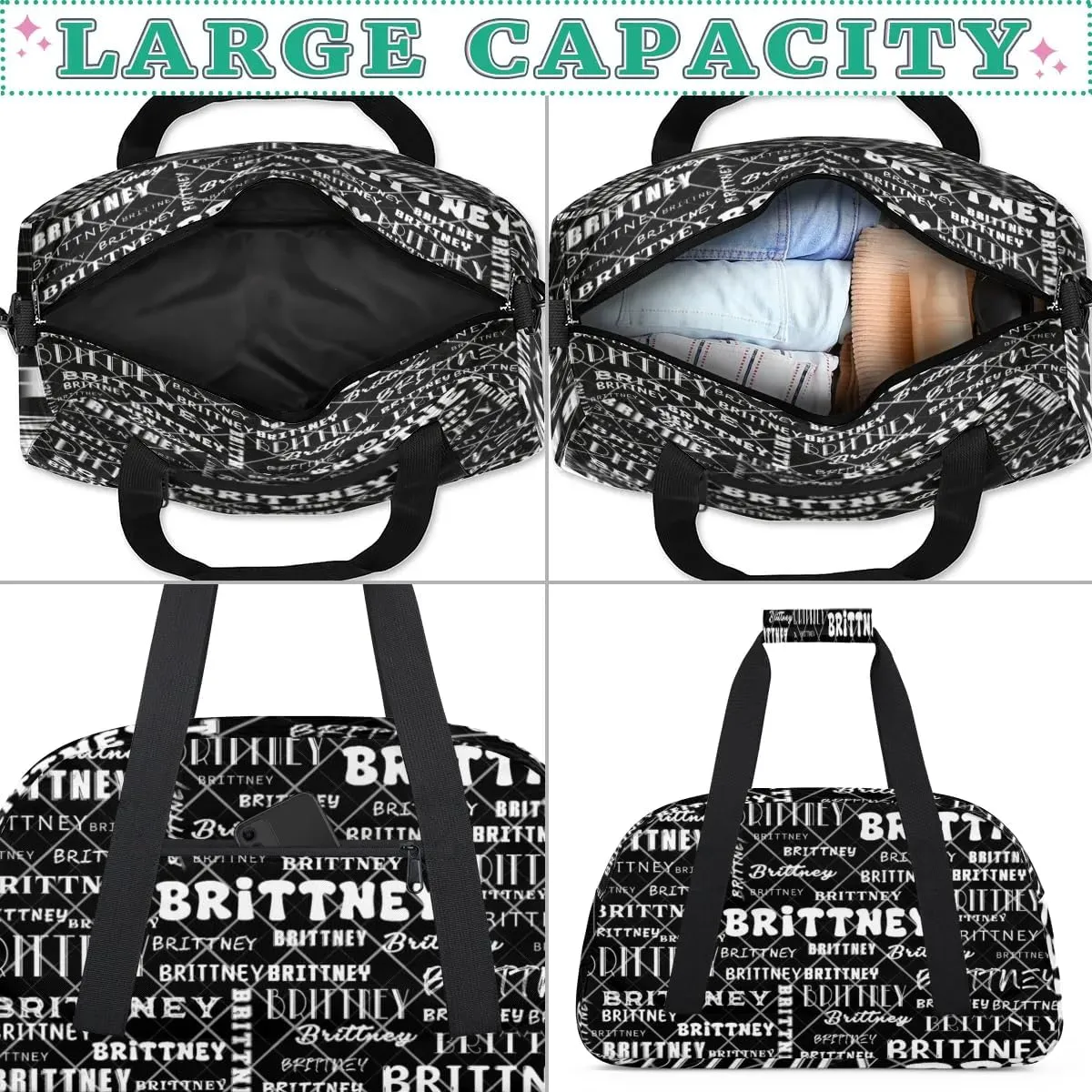 Black Personalized Duffle Bag for Kids Custom Dance Ballet Bag with Name Lightweight Travel Weekender Overnight Bags Sport Gym Duffel Bag Workout Carry On Tote for Girls Boys