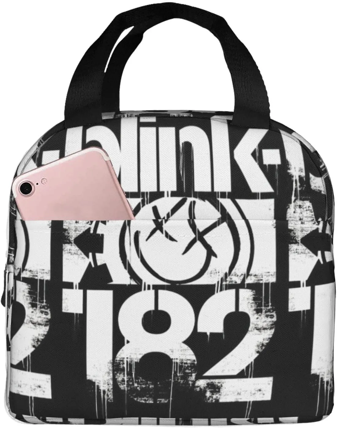 Blink Classic Rock 182 Insulated Lunch Bag Reusable Lunch Tote Bag Lunch Container Meal Holder with Front Pocket Lunch Zipper Cooler Bag for Sport Modern Handbag, Black