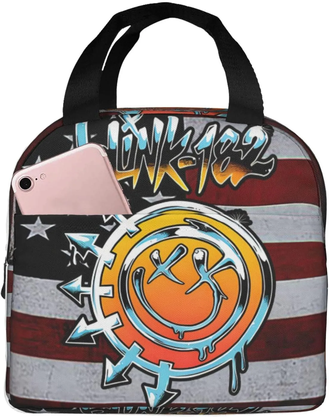 Blink Classic Rock 182 Insulated Lunch Bags Reusable Lunch Tote Bag Lunch Organizer Meal Holder with Front Pocket Lunch Zipper Cooler Bag for Hiking Modern Handbag