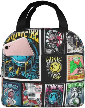 Blink Classic Rock 182 Insulated Lunch Box Reusable Lunch Tote Bag Lunch Container Meal Holder with Front Pocket Lunch Zipper Cooler Bag for Travel Stylish Handbag, Black