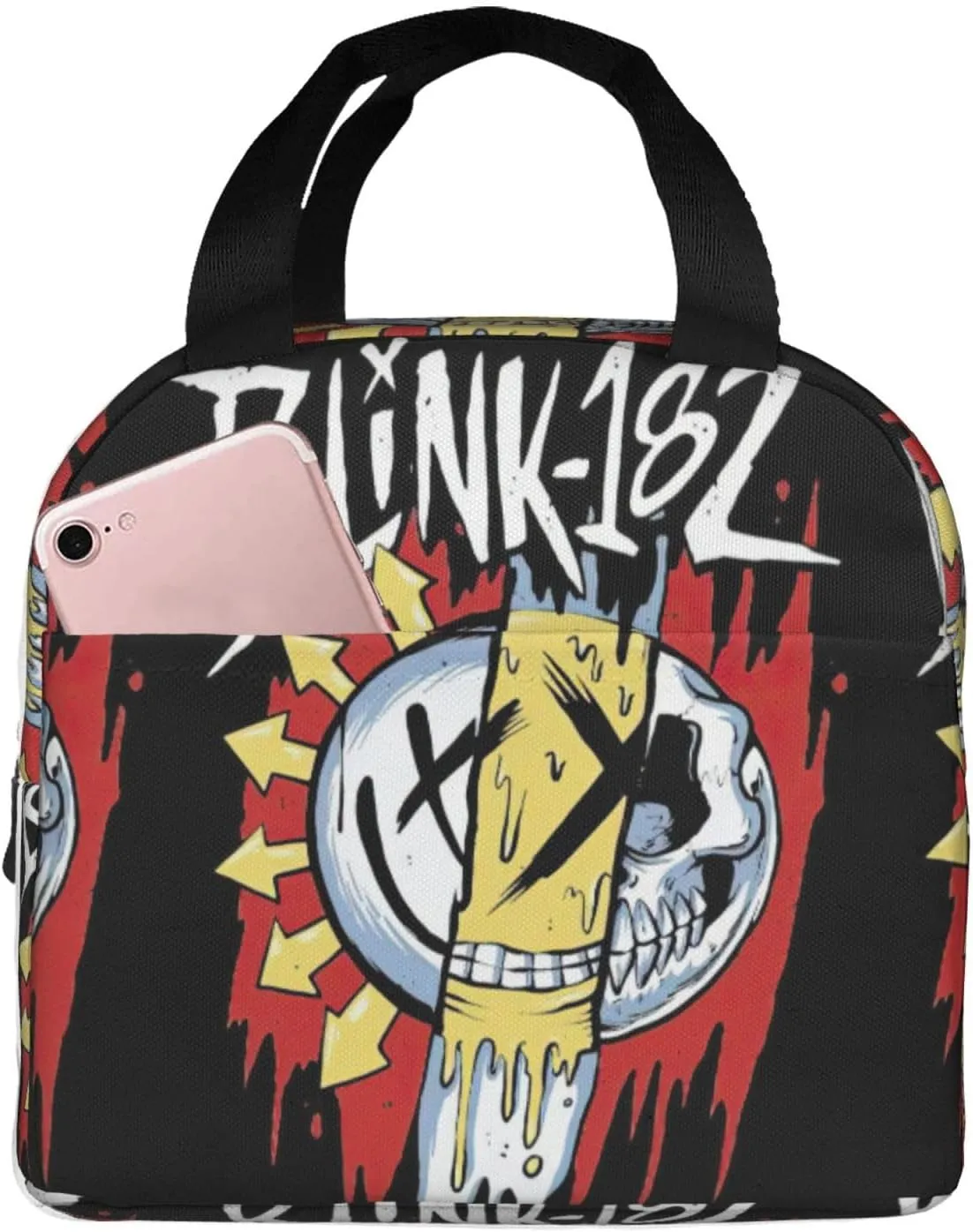 Blink Classic Rock 182 Insulated Lunch Box Reusable Lunch Tote Bag Lunch Organizer Meal Holder with Front Pocket Lunch Zipper Cooler Bag for Hiking Easy To Clean Handbag, Black