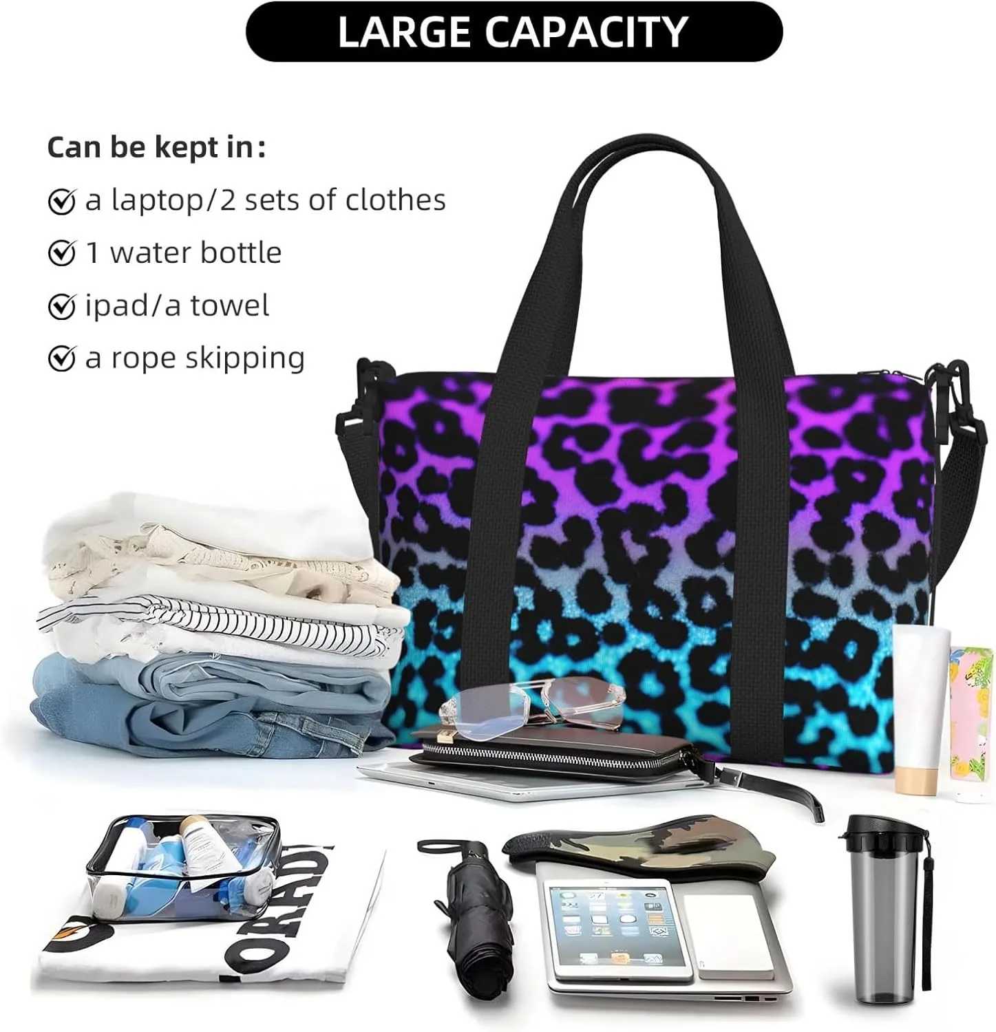 blue and purple Leopard print Travel Duffel Bag, Sports Tote Gym Bag, Swim Pool Bag Large Shoulder Tote Bag for Beach Weekender