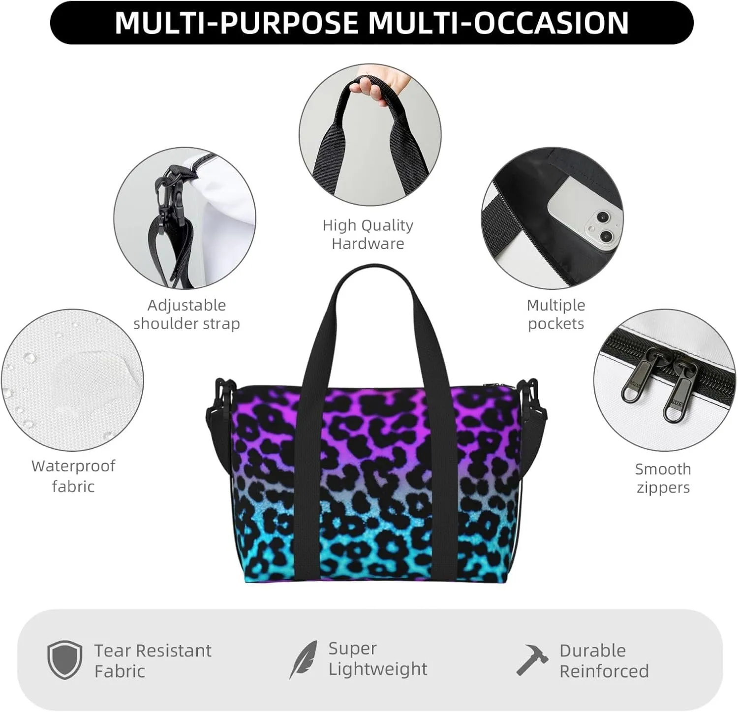 blue and purple Leopard print Travel Duffel Bag, Sports Tote Gym Bag, Swim Pool Bag Large Shoulder Tote Bag for Beach Weekender
