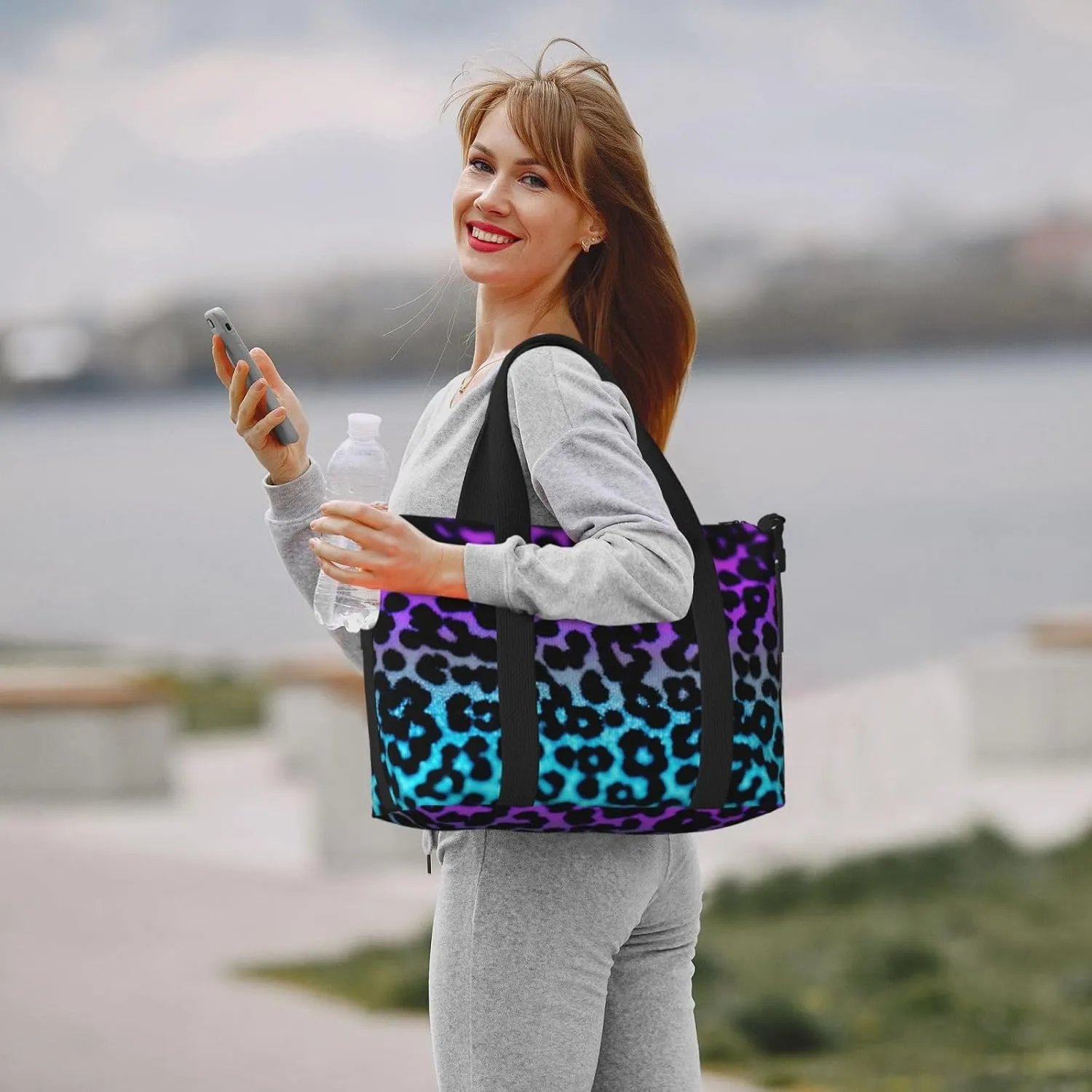 blue and purple Leopard print Travel Duffel Bag, Sports Tote Gym Bag, Swim Pool Bag Large Shoulder Tote Bag for Beach Weekender