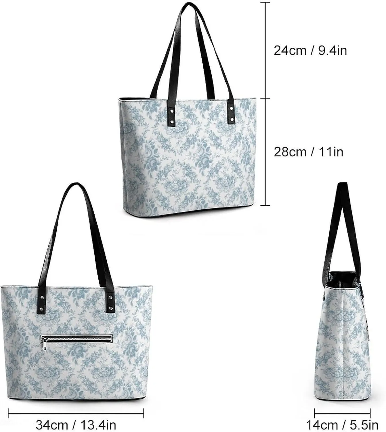 Blue And White Floral Toile Leather Handbag Smooth Wrinkle Resistant Lightweight And Convenient