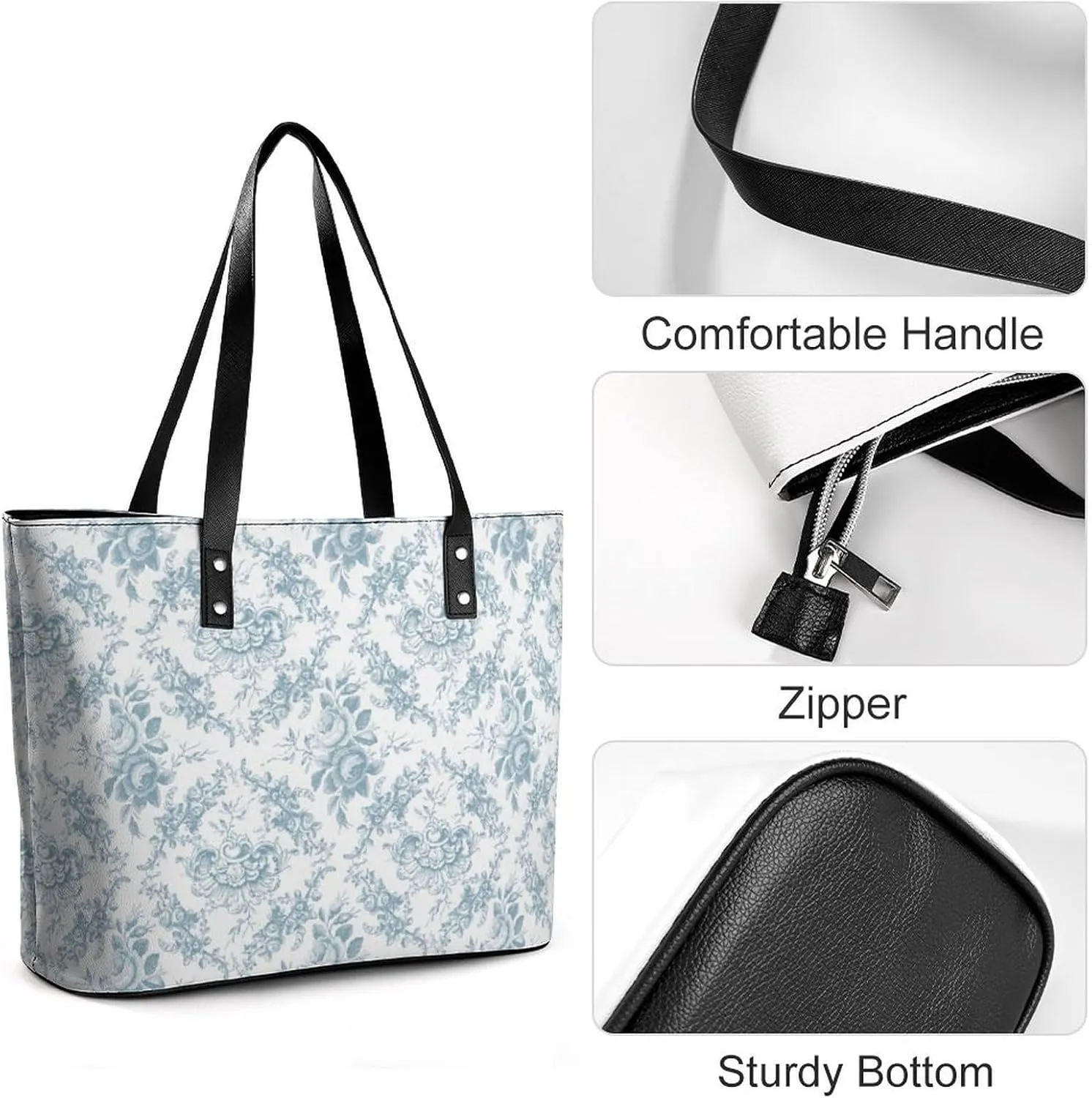 Blue And White Floral Toile Leather Handbag Smooth Wrinkle Resistant Lightweight And Convenient
