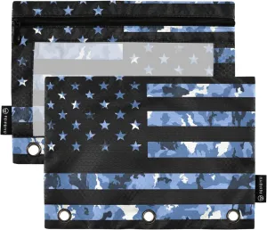 Blue Camouflage Flag Pencil Pouch for 3 Ring Binder 2 Pack Clear Window Pencil Bags with Zipper Pencil Case for School Class Office College Supplies