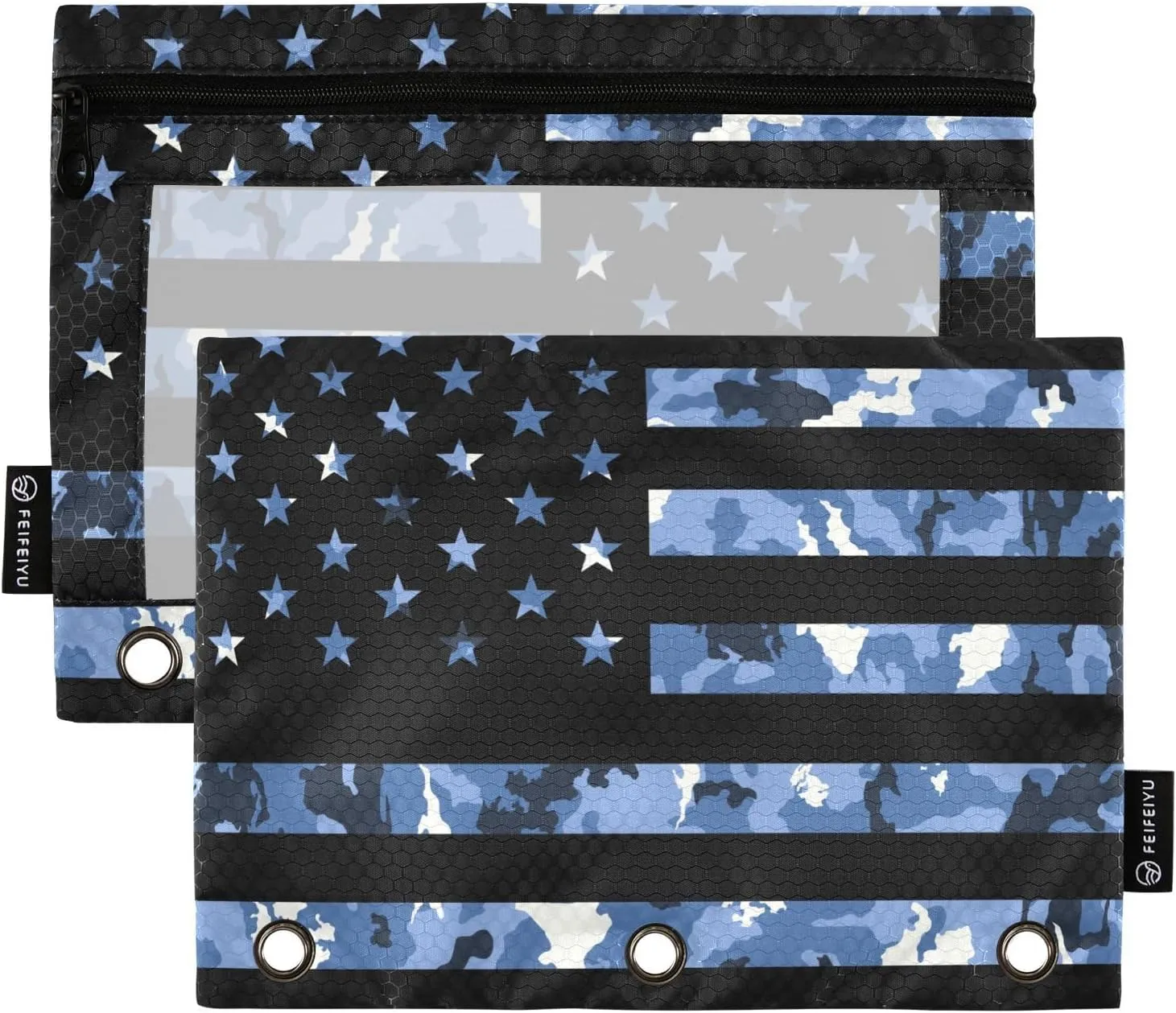 Blue Camouflage Flag Pencil Pouch for 3 Ring Binder 2 Pack Clear Window Pencil Bags with Zipper Pencil Case for School Class Office College Supplies