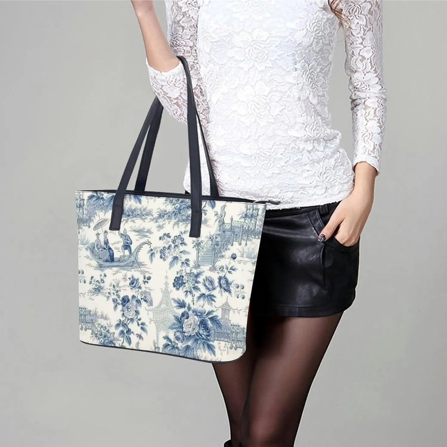 Blue Chinese Landscape Painting Leather Handbag Smooth Wrinkle Resistant Lightweight And Convenient