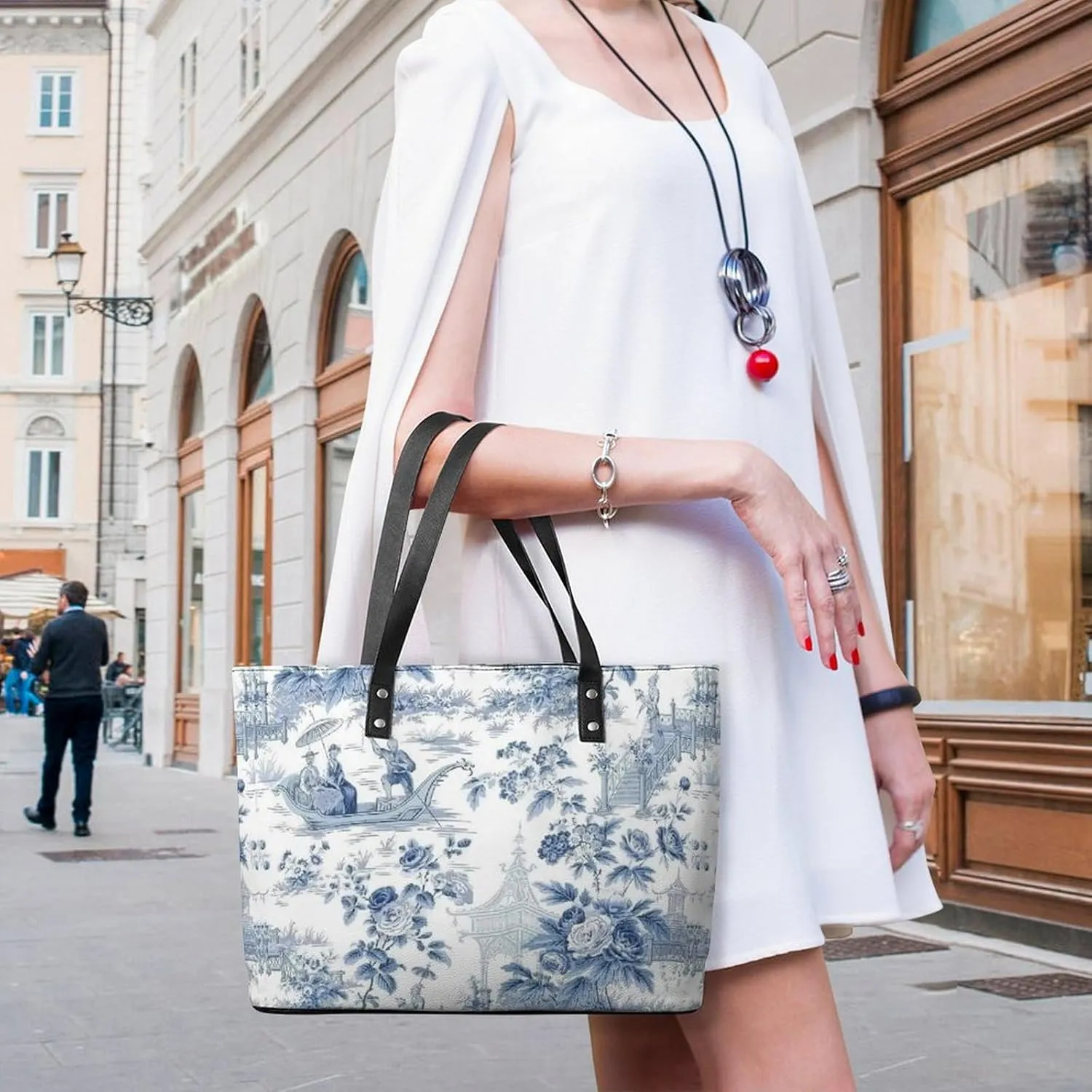 Blue Chinese Landscape Painting Leather Handbag Smooth Wrinkle Resistant Lightweight And Convenient