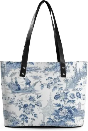 Blue Chinese Landscape Painting Leather Handbag Smooth Wrinkle Resistant Lightweight And Convenient