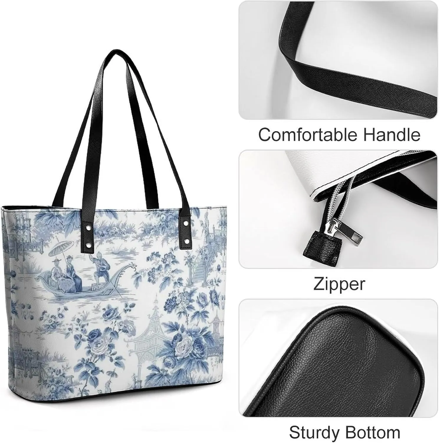 Blue Chinese Landscape Painting Leather Handbag Smooth Wrinkle Resistant Lightweight And Convenient