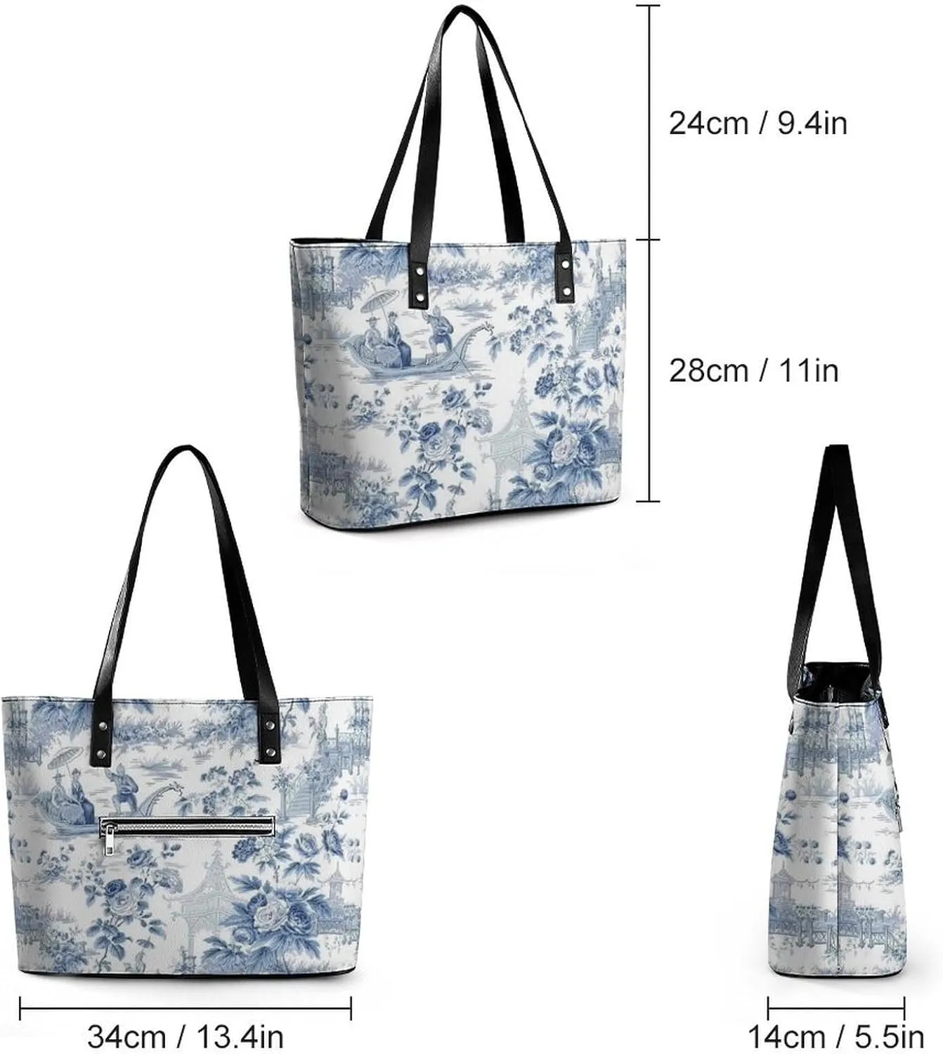 Blue Chinese Landscape Painting Leather Handbag Smooth Wrinkle Resistant Lightweight And Convenient