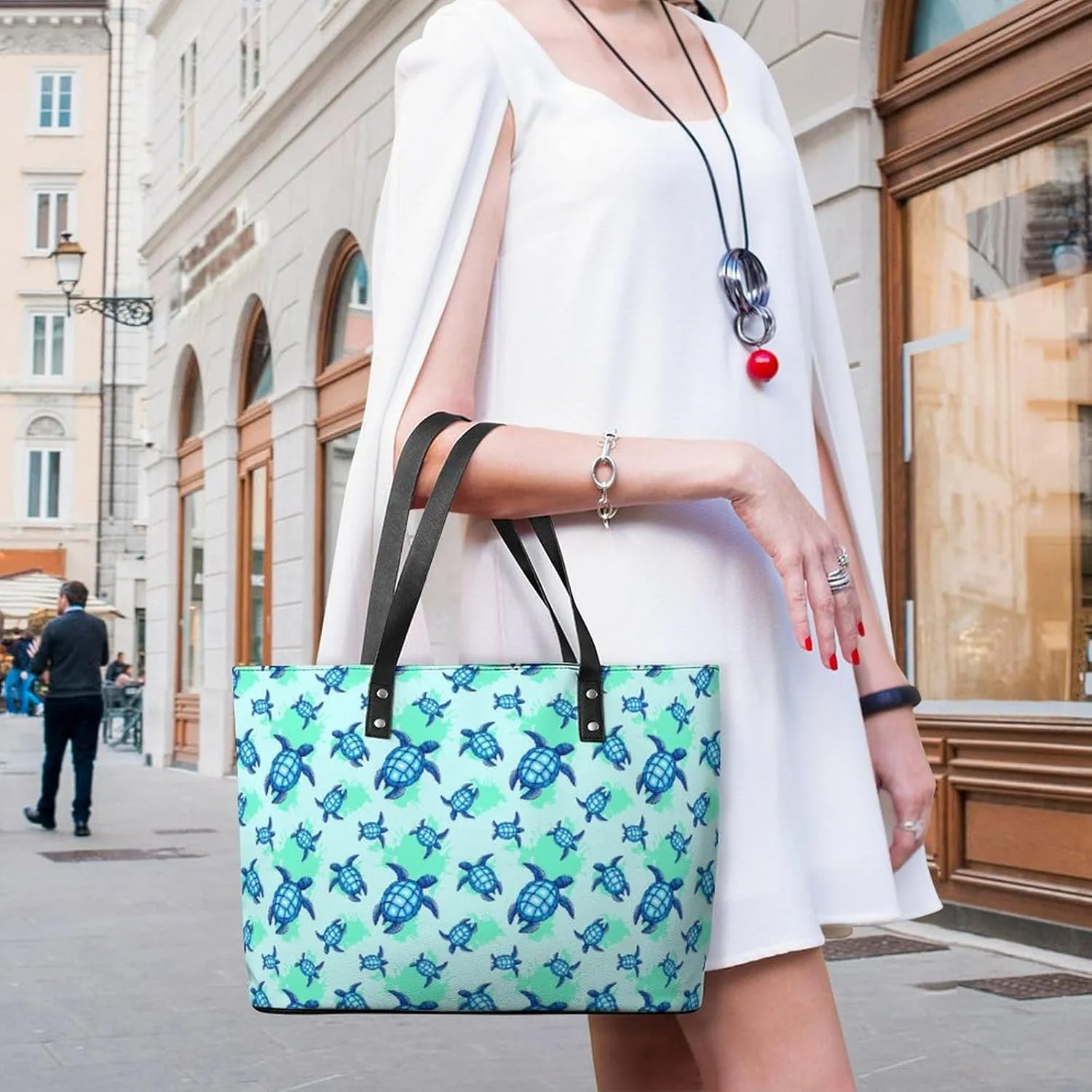 Blue Chinese Landscape Painting Leather Handbag Smooth Wrinkle Resistant Lightweight And Convenient