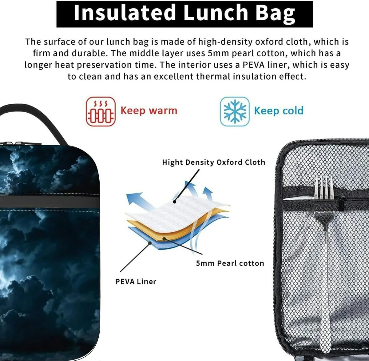 blue dramatic clouds night sky full moon from Insulated Iunch Bag for Men Woman Large Portable Waterproof Reusable Thermal Lunch Box with Pockets for Work Travel Picnic