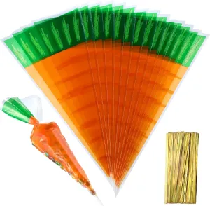 Boao 200 Counts Easter Carrot Patterned Cone Cellophane Bags Treat Goody Bags with 200 Pieces Gold Twist Ties for Easter Party Favor