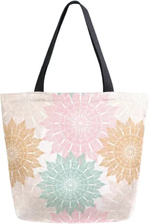 Bohemian Pastel Color Mandala Floral Canvas Tote Bag for Women with Zipper Pocket Reusable Grocery Shopping Bags Large Travel Shoulder Bag Handbag Bags