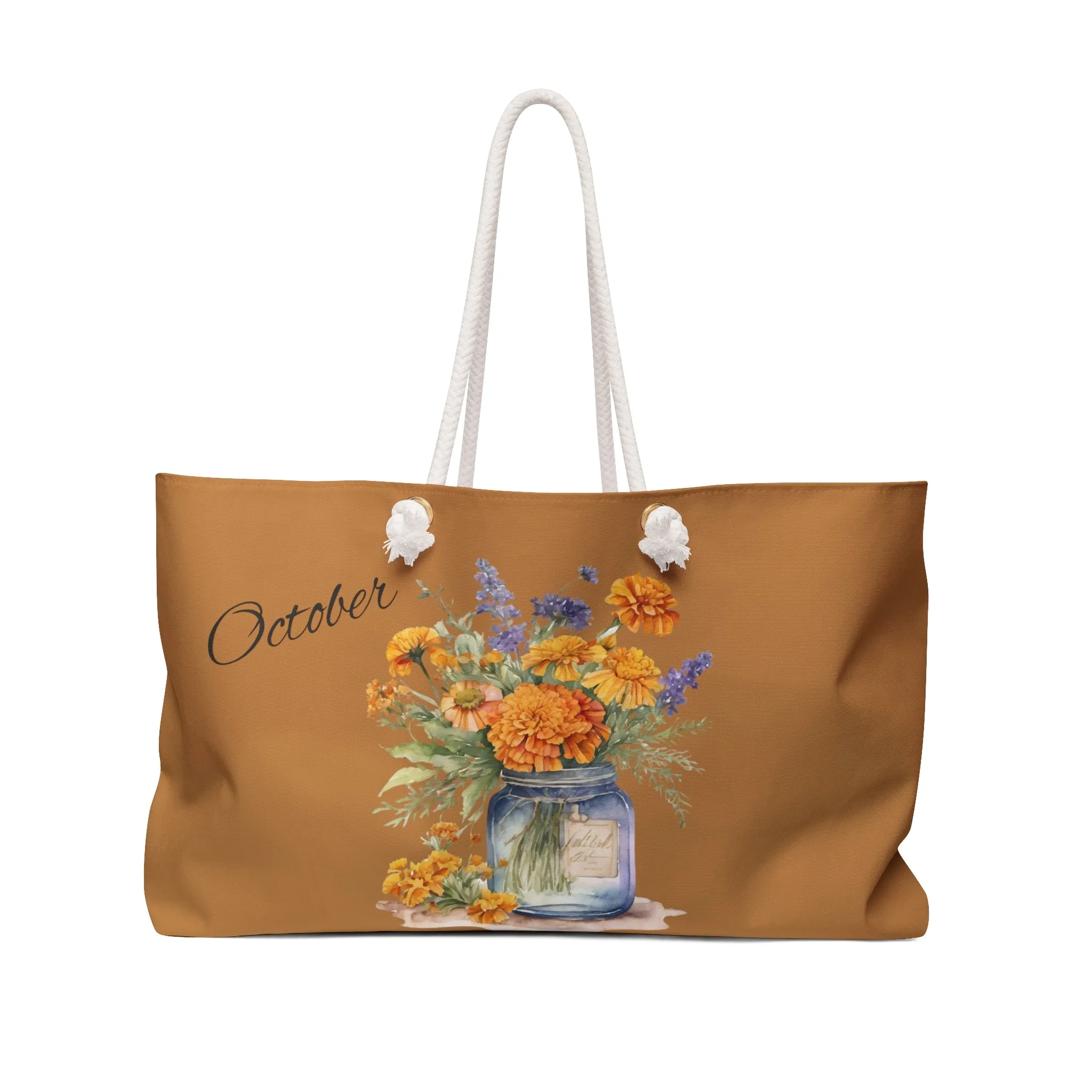 Boho Weekender Bag, October Flower of the month, Marigold Flower, Bohemian Travel Bag