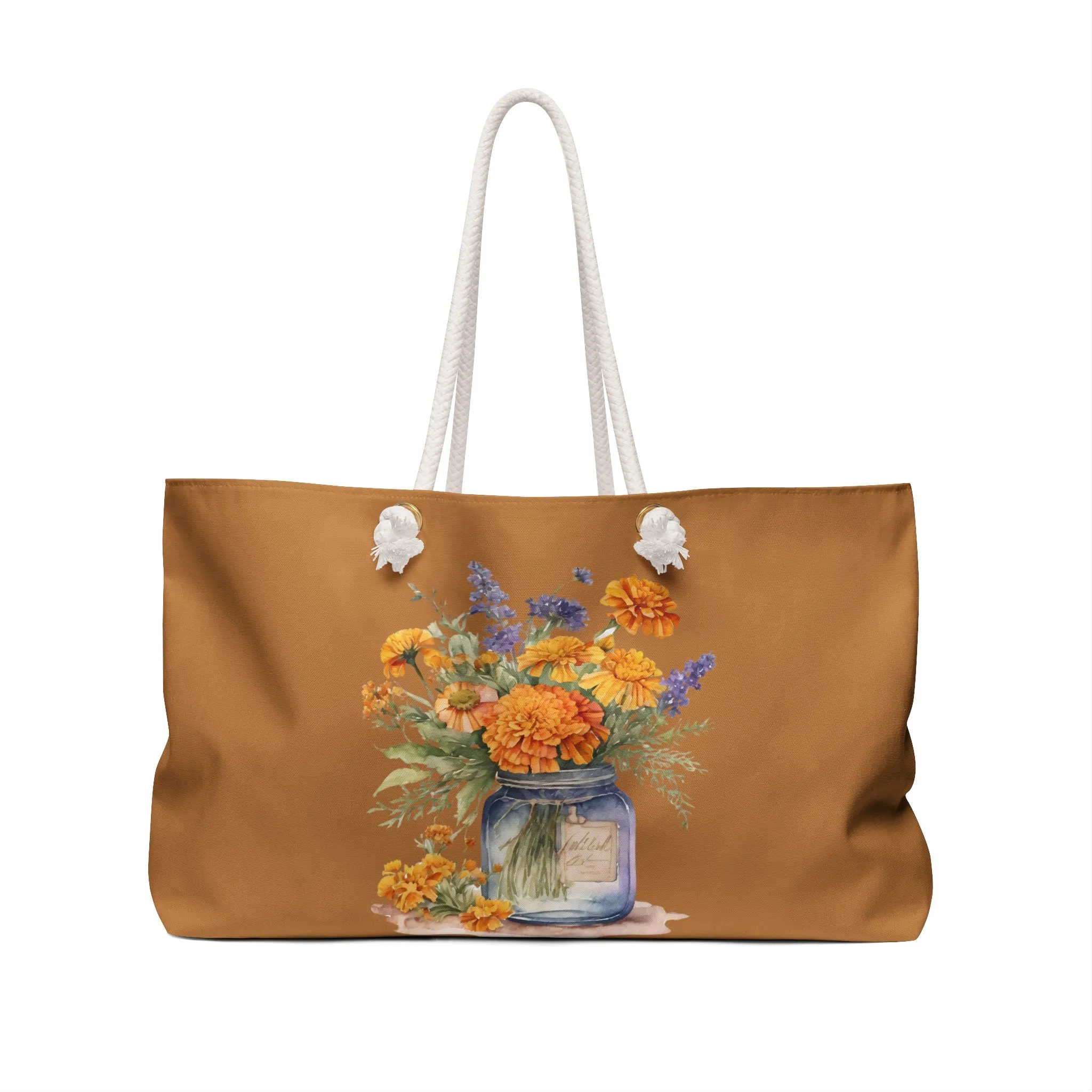 Boho Weekender Bag, October Flower of the month, Marigold Flower, Bohemian Travel Bag