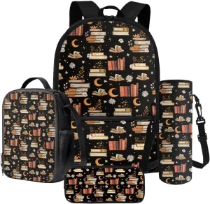 Books Moon Daisy Floral Pattern 4Pcs Children Schoolbag Set Large Backpack with Lunch Box Pencil Pouch and Water Bottle Holder for Teens Boys Girls Bookbag Set