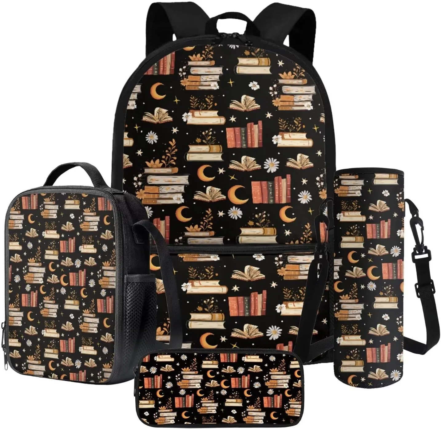 Books Moon Daisy Floral Pattern 4Pcs Children Schoolbag Set Large Backpack with Lunch Box Pencil Pouch and Water Bottle Holder for Teens Boys Girls Bookbag Set