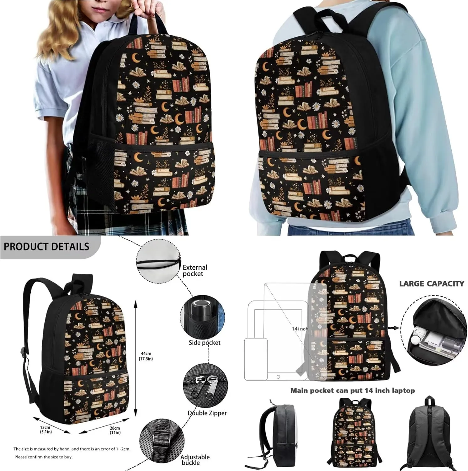 Books Moon Daisy Floral Pattern 4Pcs Children Schoolbag Set Large Backpack with Lunch Box Pencil Pouch and Water Bottle Holder for Teens Boys Girls Bookbag Set