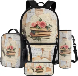 Books Papers Rose Floral Pattern Kids School Backpack 4Pcs Bundle 17 Inch Bookbag, Insulated Lunch Box, Water Bottle Pouch, Pen Organizer Back to School Supplies