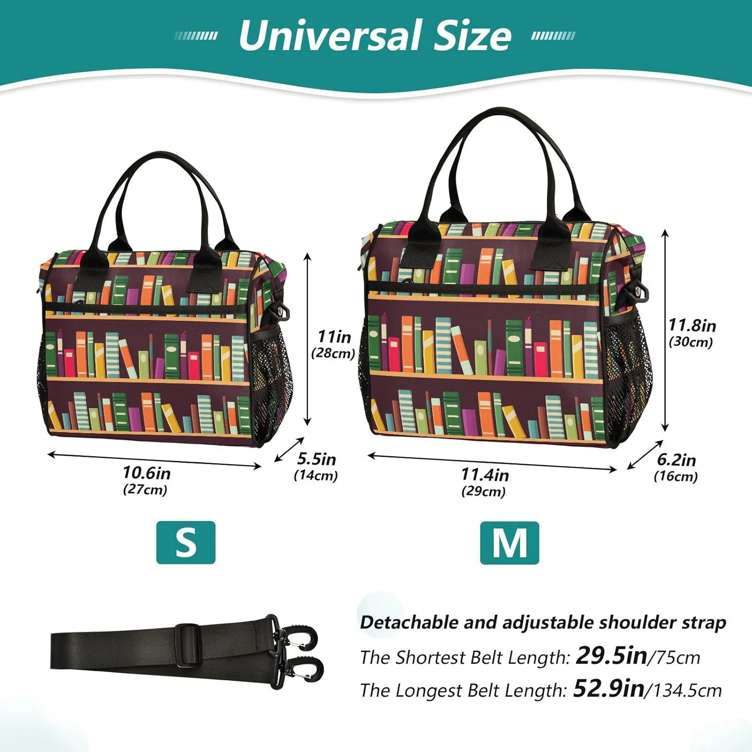 Bookshelf Pattern with Books Lunch Bag Reusable Lunch Box for Office Picnic Beach Hiking, Insulated Cooler Tote Food Container with Adjustable Shoulder Strap for Men Women Adults