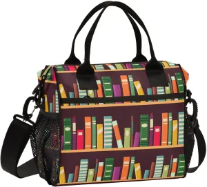 Bookshelf Pattern with Books Lunch Bag Reusable Lunch Box for Office Picnic Beach Hiking, Insulated Cooler Tote Food Container with Adjustable Shoulder Strap for Men Women Adults