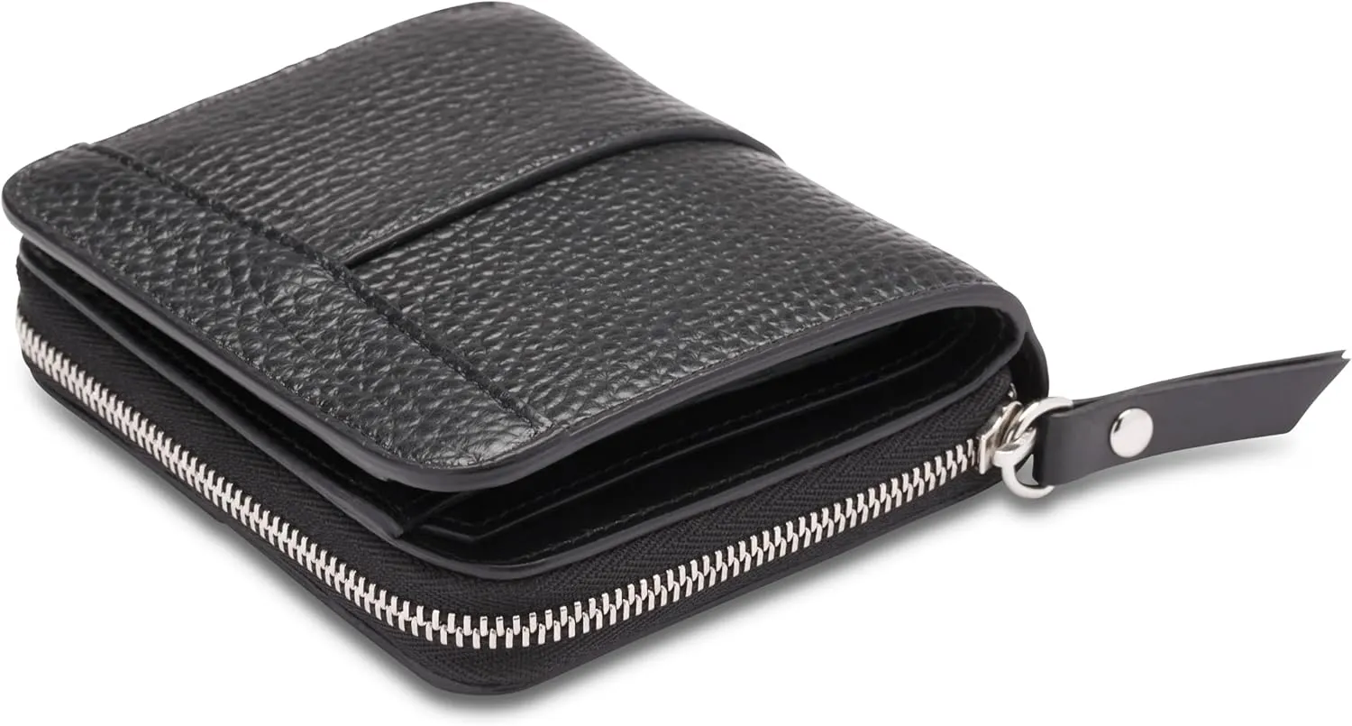 Bosca Women's Italian Leather Wallet, Handmade Monfrini Italia Bifold Wallet for Women RFID Blocking, Pebble Grained Large Slim Change Purse, 8 Card Slots, Zip Coin Purse, 4 Inches Black