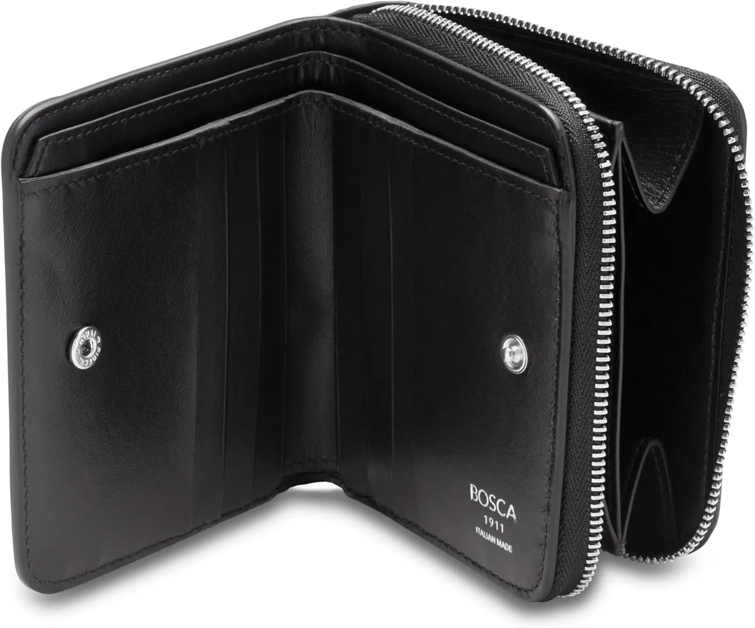 Bosca Women's Italian Leather Wallet, Handmade Monfrini Italia Bifold Wallet for Women RFID Blocking, Pebble Grained Large Slim Change Purse, 8 Card Slots, Zip Coin Purse, 4 Inches Black
