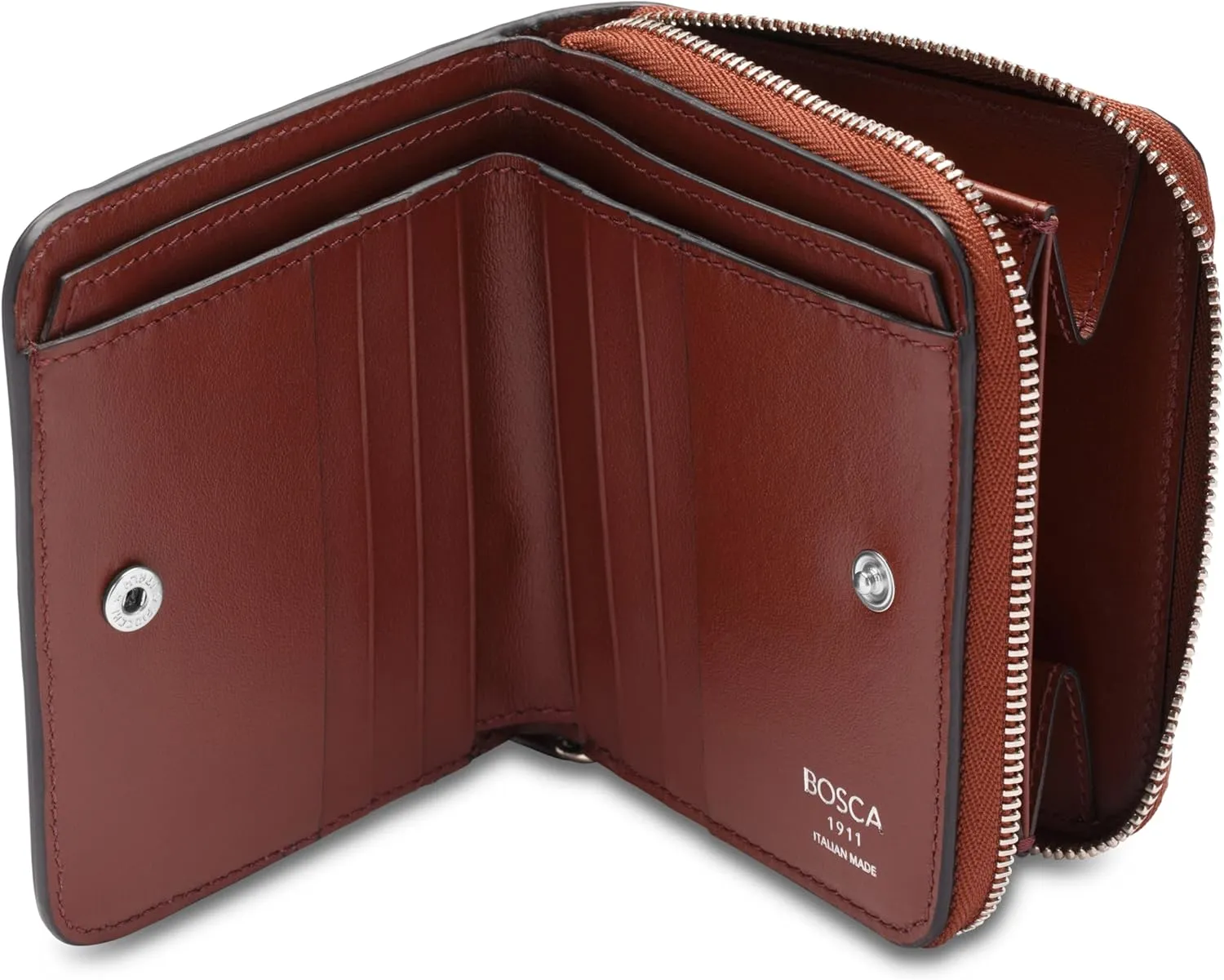 Bosca Women's Italian Leather Wallet, Handmade Monfrini Italia Bifold Wallet for Women RFID Blocking, Pebble Grained Large Slim Change Purse, 8 Card Slots, Zip Coin Purse, 4 Inches Brown