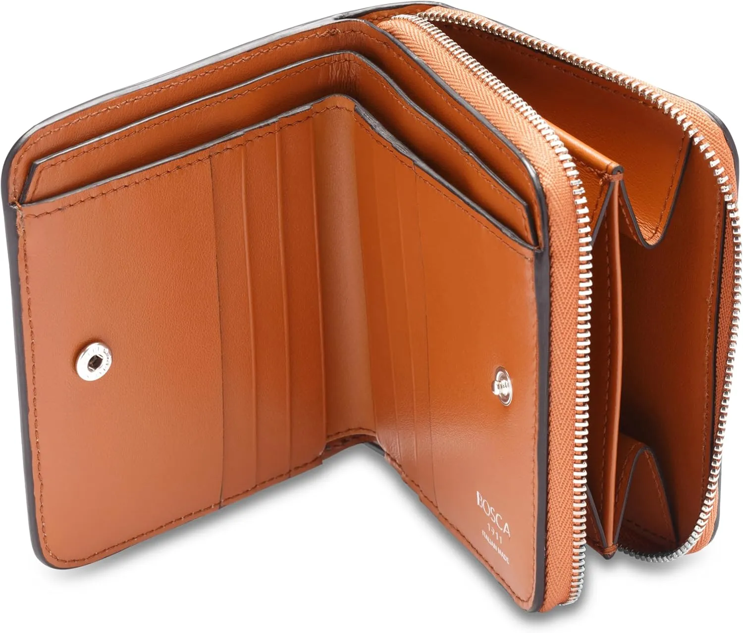 Bosca Women's Italian Leather Wallet, Handmade Monfrini Italia Bifold Wallet for Women RFID Blocking, Pebble Grained Large Slim Change Purse, 8 Card Slots, Zip Coin Purse, 4 Inches Nut Brown