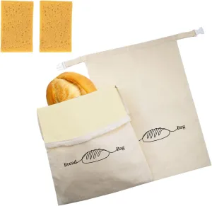 Bread Bags for Homemade Bread 2 Pack, XL Reusable Linen Food Storage Bags with Beeswax Wraps, Freezer Safe, Baking Supplies for Sourdough with Cleaning Brushes, Keep Your Loaf Fresh Eco-friendly