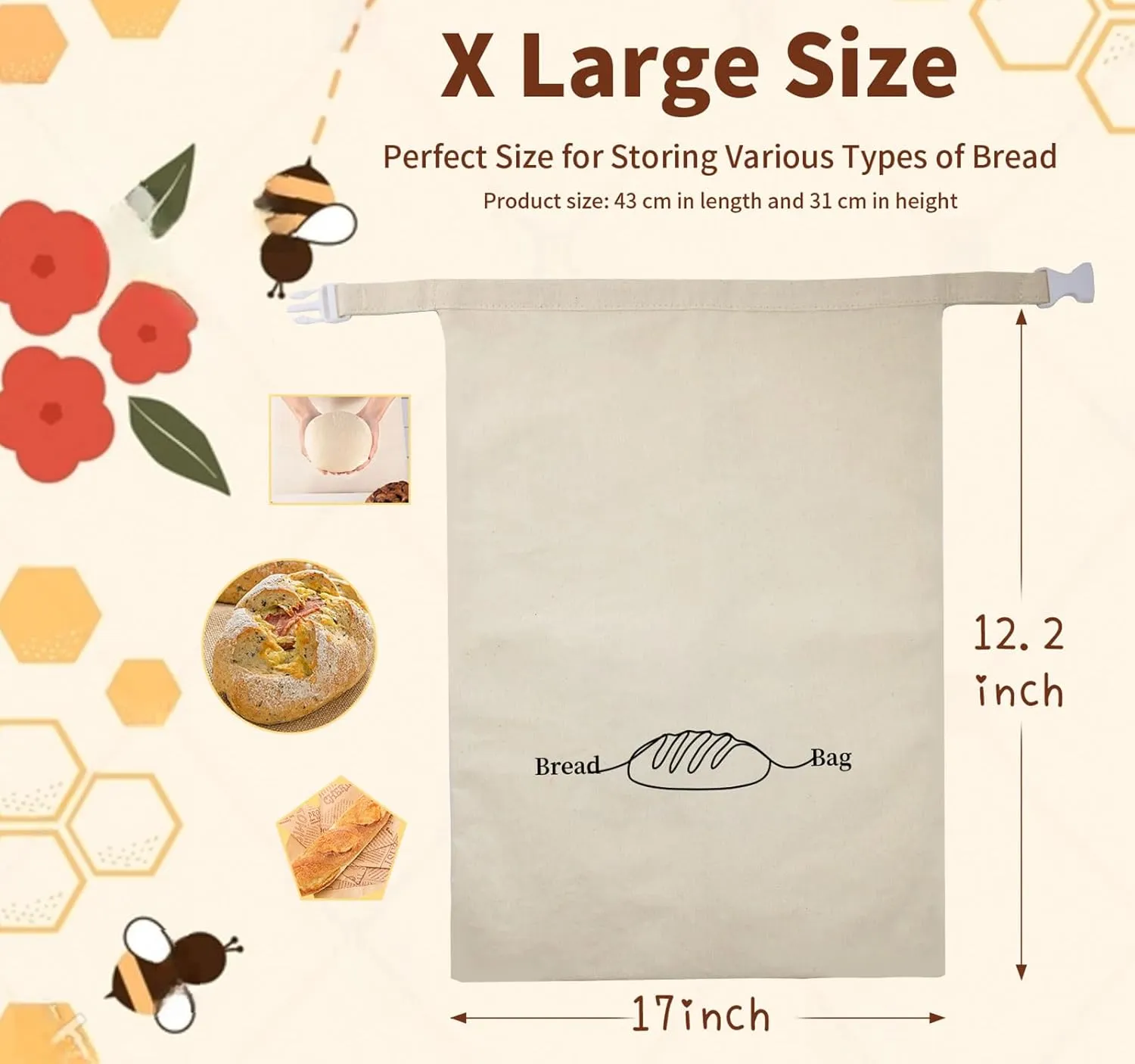 Bread Bags for Homemade Bread 2 Pack, XL Reusable Linen Food Storage Bags with Beeswax Wraps, Freezer Safe, Baking Supplies for Sourdough with Cleaning Brushes, Keep Your Loaf Fresh Eco-friendly
