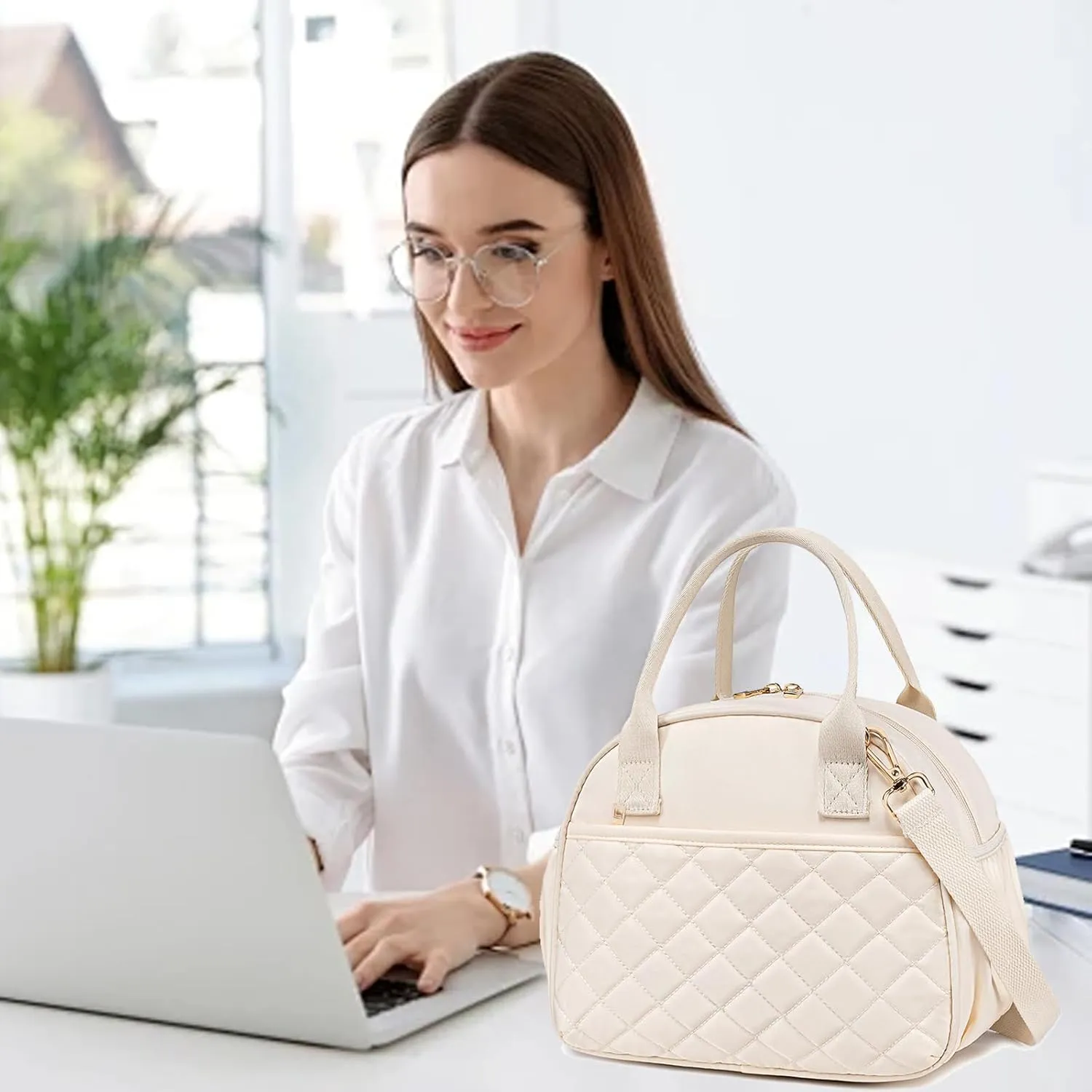 BTOOP Lunch Box for Women Men Insulated Lunch Bag Quilted Lunchbox Cute Adult Lunch Tote with Adjustable Shoulder Strap Reusable Lunch Bags Water Resistant for Travel Work Picnic (Beige)