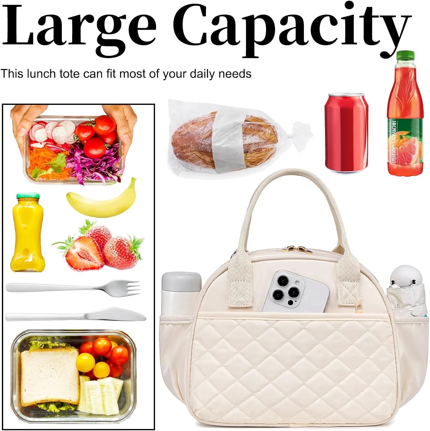 BTOOP Lunch Box for Women Men Insulated Lunch Bag Quilted Lunchbox Cute Adult Lunch Tote with Adjustable Shoulder Strap Reusable Lunch Bags Water Resistant for Travel Work Picnic (Beige)