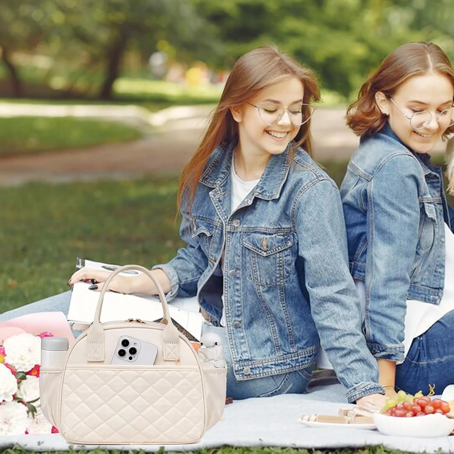 BTOOP Lunch Box for Women Men Insulated Lunch Bag Quilted Lunchbox Cute Adult Lunch Tote with Adjustable Shoulder Strap Reusable Lunch Bags Water Resistant for Travel Work Picnic (Beige)