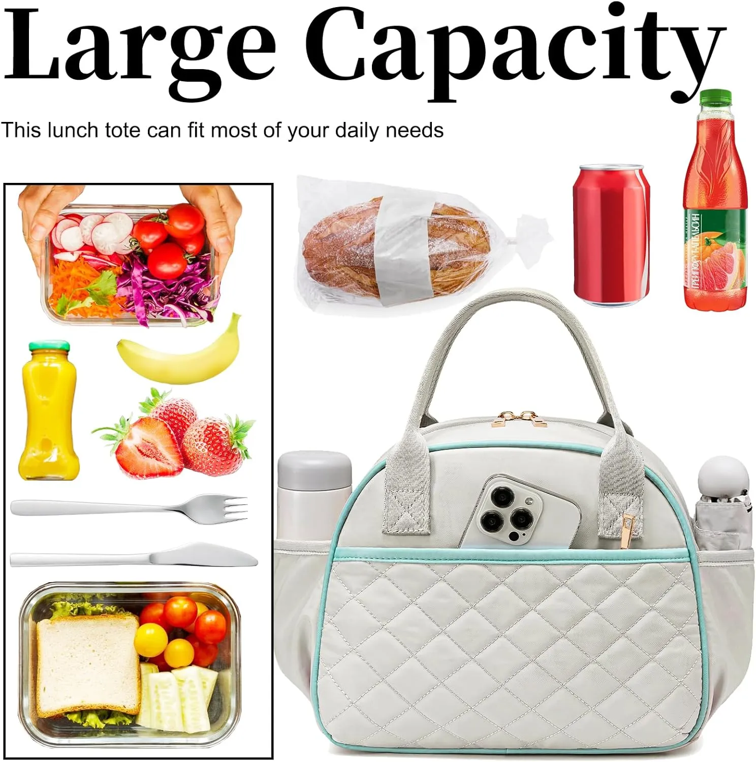 BTOOP Lunch Box for Women Men Insulated Lunch Bag Quilted Lunchbox Cute Adult Lunch Tote with Adjustable Shoulder Strap Reusable Lunch Bags Water Resistant for Travel Work Picnic