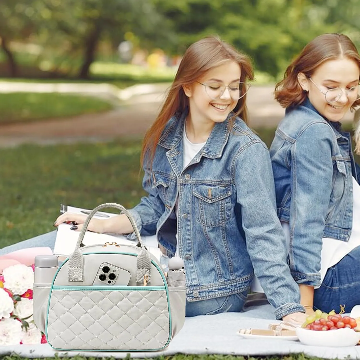 BTOOP Lunch Box for Women Men Insulated Lunch Bag Quilted Lunchbox Cute Adult Lunch Tote with Adjustable Shoulder Strap Reusable Lunch Bags Water Resistant for Travel Work Picnic