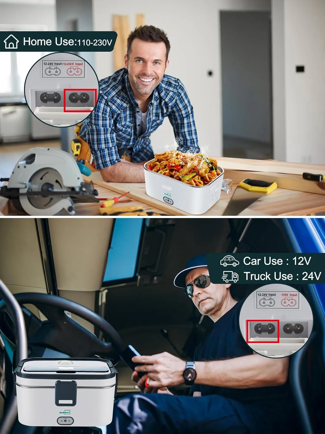 Buddew Electric Lunch Box 80W Food Heater 1.8L Large Capacity Heated Lunch Box 3 in 1 12V/24V/110V Portable Lunch Warmer for Car/Truck/Home/Office with Carry Bag and Fork and Spoon (Gray)
