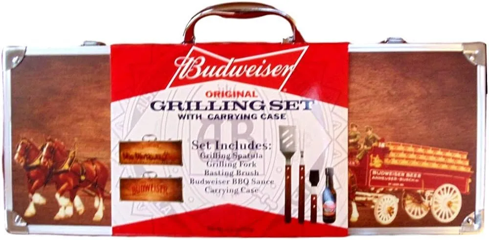 Budweiser Grilling Set with Wood Carrying Case, 5 pc - Premium BBQ Tools, Stainless Steel, Aluminum, BPA-free, Rustproof, Dishwasher Safe