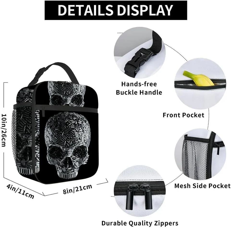 Bullet skull handgun metaphor 3D pistol ammunition forming human Insulated Iunch Bag for Men Woman Large Portable Waterproof Reusable Thermal Lunch Box with Pockets for Work Travel Picnic