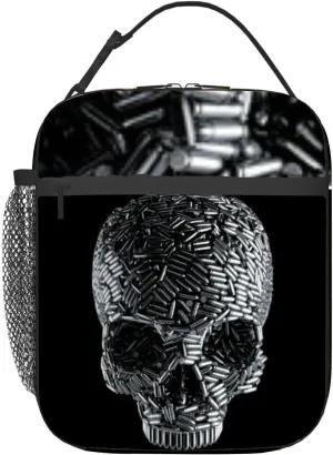 Bullet skull handgun metaphor 3D pistol ammunition forming human Insulated Iunch Bag for Men Woman Large Portable Waterproof Reusable Thermal Lunch Box with Pockets for Work Travel Picnic