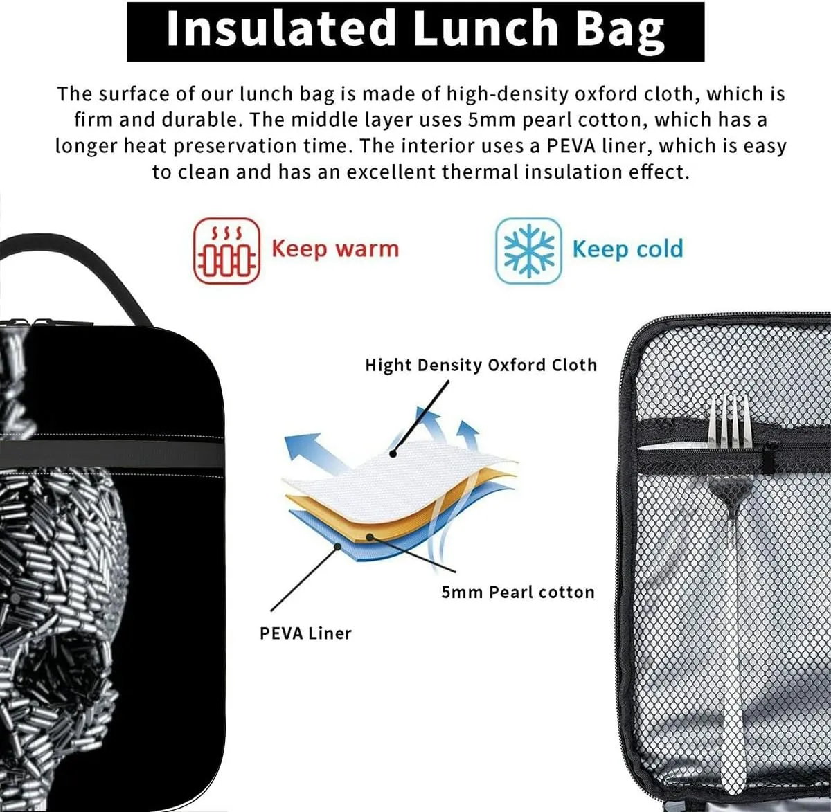Bullet skull handgun metaphor 3D pistol ammunition forming human Insulated Iunch Bag for Men Woman Large Portable Waterproof Reusable Thermal Lunch Box with Pockets for Work Travel Picnic