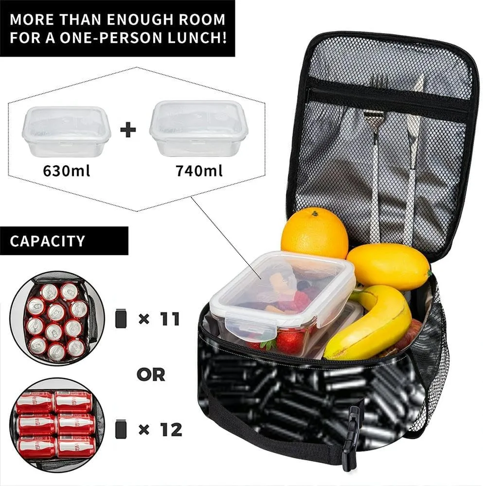 Bullet skull handgun metaphor 3D pistol ammunition forming human Insulated Iunch Bag for Men Woman Large Portable Waterproof Reusable Thermal Lunch Box with Pockets for Work Travel Picnic